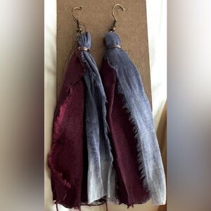 Muted Red White & Blue Sari Silk Tassel Earrings 3.5”